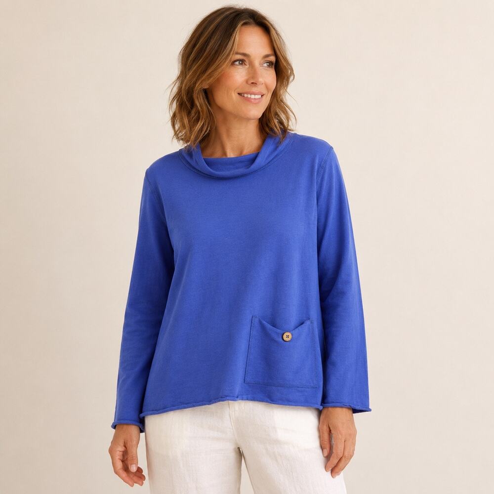 Escape by Habitat Boxy Top Small Cowlneck Periwinkle French Terry Pocket Artsy